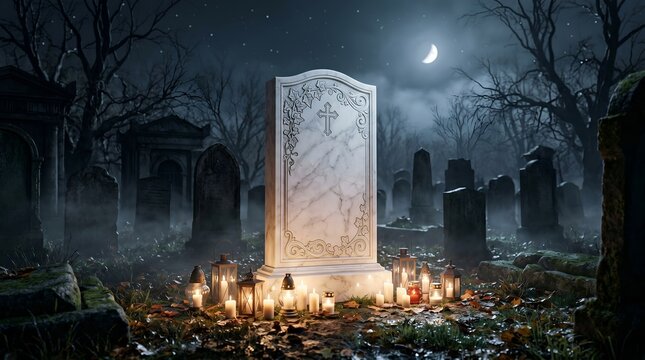 New white marble gravestone glowing in dark spooky cemetery at night with burning candles and moon