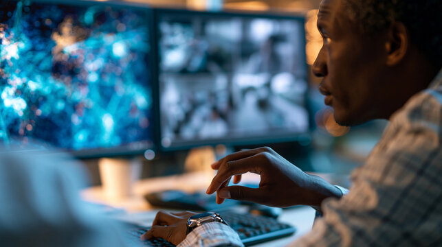 Over the shoulder silhouette of a hand at a bright dual monitor workstation with glowing satellite map and CCTV surveillance footage on the screens in a softly defocused control