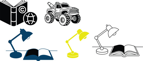 Creative illustration featuring open book with globe, monster truck, and desk lamps with reading setups in modern design © Sandra Weiss