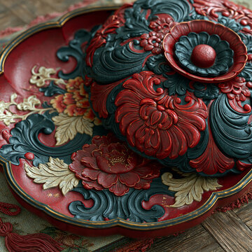 Close-up of a traditional Japanese Kamakura-bori carved wooden tray with a lid. Features intricate floral lacquerware in red cinnabar and black, showcasing exquisite hand-carved details