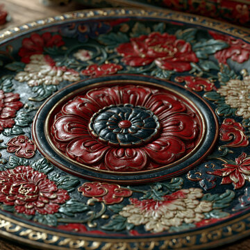 Detailed high-angle shot of a round Kamakura-bori carved tray. Elegant red cinnabar floral relief on a dark lacquered background with intricate hand-carved textures and traditional patterns