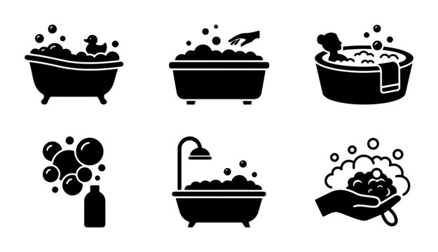 Bath Time Icons, Bathtub Silhouettes, Bubbles & Rubber Duck Vector Set for Hygiene and Relaxation Concepts