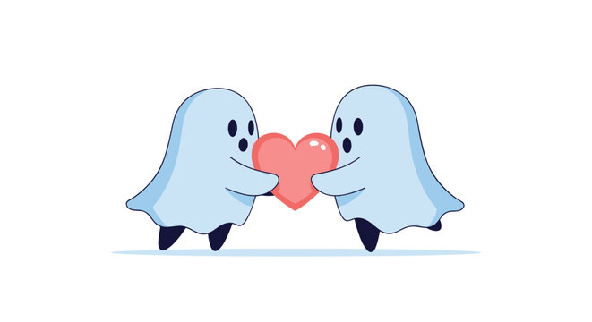 Two adorable cartoon ghosts smiling and holding a pink heart together in a friendly romantic or platonic gesture for Valentine's Day.