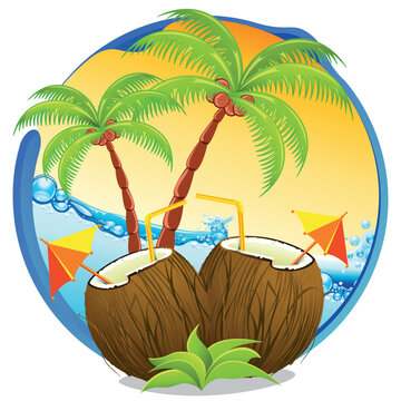 Coconut fresh Drink with Palm Trees on Ocean Water Bubble vector Summer Logo Design EPS

