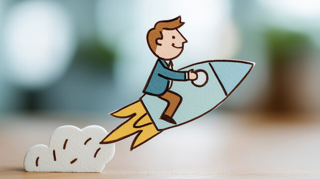 Soaring Ambition: A whimsical illustration depicts a figure fearlessly piloting a rocket, symbolizing boundless aspiration, growth, and the pursuit of dreams.