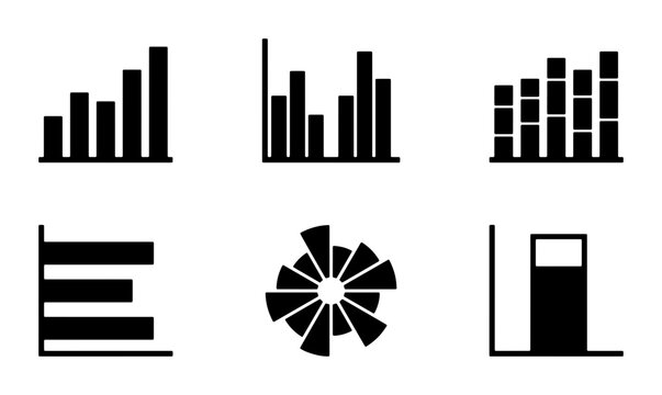 Diverse Data Visualization Icons Set: Bar Charts, Radial Graphs, Horizontal Bars, Stacked Columns, and Gauge Meters for Business Analytics and Reporting