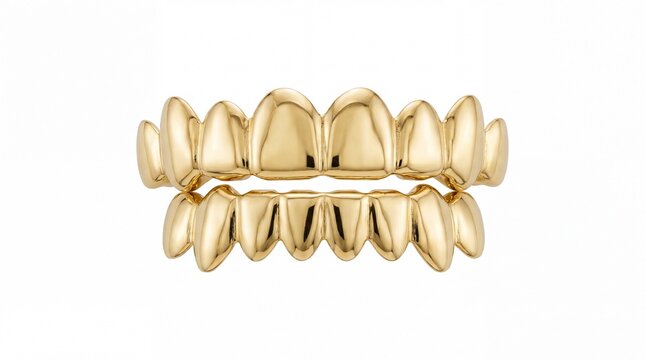 Shiny polished gold grillz set designed for teeth displayed as a luxury accessory on white background