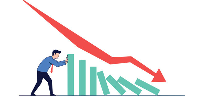 Corporate professional in a blue shirt attempting to halt a falling sequence of blue blocks under a large red downward trending arrow.