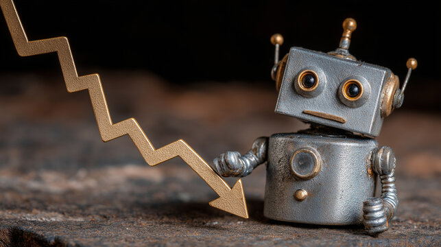 Robot Downward Trend: A vintage robot figure, embodying the essence of artificial intelligence, observes a golden arrow indicating a downward trajectory.