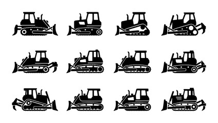 Bulldozer Vector Icons Set, Heavy Construction Machinery Silhouettes, Earthmoving Equipment Collection, Industrial Vehicle Graphics © Jebun