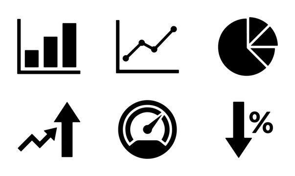 Business Growth Icons: Bar Chart, Line Graph, Pie Chart, Upward Trend, Speedometer, Downward Percentage Vector Set