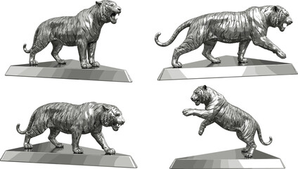 Silver Tiger Sculpture Illustration Set with Roaring Wild Cat Statues and Luxury Decorative Animal Designs © Minara