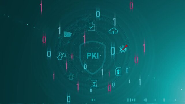 PKI Public Key Infrastructure Global Network Concept. Neon line Animated circuit board. optical lager light background