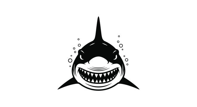 Menacing black and white illustration of a shark head with sharp teeth and bubbles emerging from the deep blue sea.
