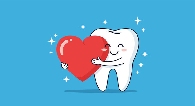 Cute smiling tooth hugging a large red heart on a blue background with white sparkles for dental health love.