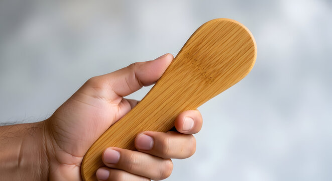 A hand holding a wooden shoe insole with a blurred background