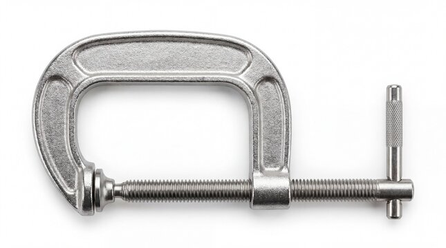 Industrial steel c-clamp tool used for carpentry and metalworking projects isolated on white background