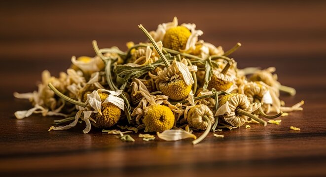 Dried chamomile flowers heap on dark wooden background for herbal tea and natural medicine.