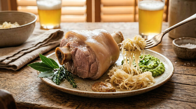 Eisbein Roasted Pork Knuckle with Sauerkraut on Rustic Berlin Table
