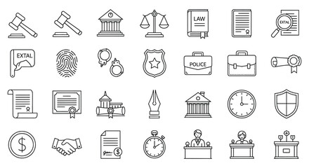 A set of black and white line icons representing legal, law enforcement, and justice concepts, including scales, police badges, and court symbols. © MdSaiful