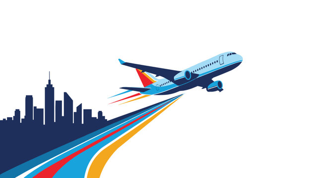 Airplane takes off into the white sky leaving colorful streaks behind while flying over a dark blue city skyline silhouette.