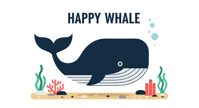 Large dark blue whale swimming on the ocean floor surrounded by coral, plants, rocks, and bubbles with Happy Whale text.