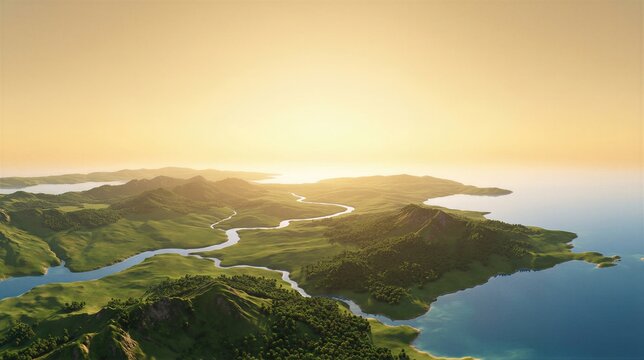 Scenic landscape of lush green hills and winding river at sunset. Biblical seventh day of creation representing peace and rest. Untouched earth nature concept in the book of Genesis.