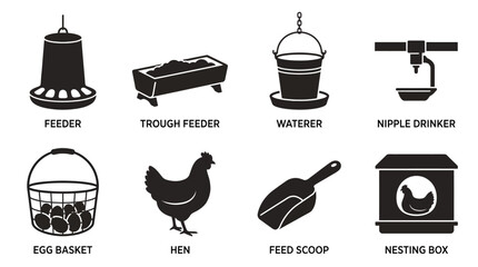 Farm Poultry Equipment Icons: Feeder, Waterer, Egg Basket, Hen, Nesting Box © konco