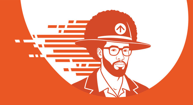 Stylized orange and white graphic portrait of a man with an afro hairstyle wearing glasses and a wide-brimmed hat.