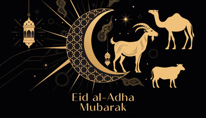 Fototapeta premium Islamic Eid Al-Adha vector featuring crescent moon, golden goat, Camel, Cow lanterns, and elegant Arabic calligraphy decorative elements.
