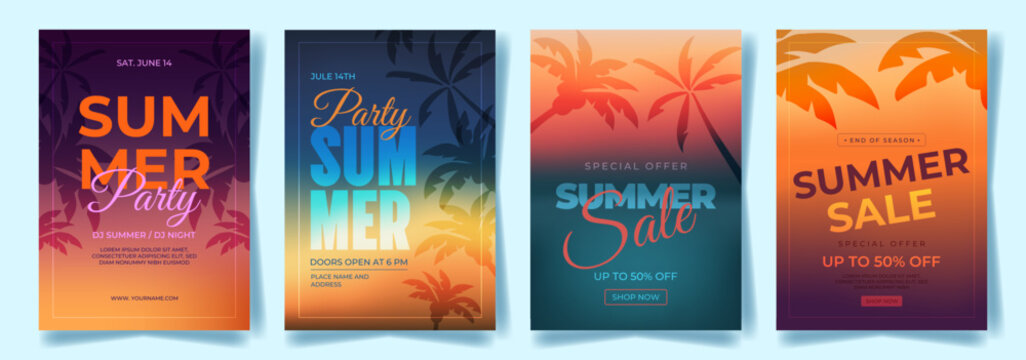 Tropical Summer Backgrounds for Sale Party Festival Invitation Template. Poster with Blur Gradient Beach Summer Palm Modern Typography. Abstract Season Backgrounds for Social Media Website Advertising