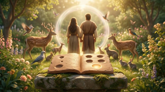 Man and woman stand in Eden in front of an open book on a stone pedestal. Biblical scene of God creation on day seven. Nature garden with animal, bird, and divine golden light.