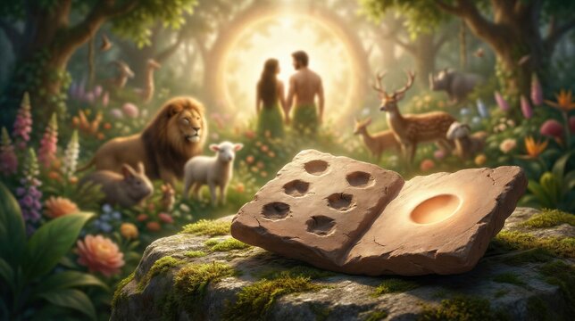 Stone tablet depicting the seven days of creation with Adam and Eve silhouette in Eden garden. Biblical narrative of Genesis, paradise world, holy religion, divine rest and origin.