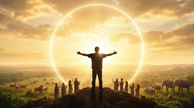 Man standing with arms outstretched on hill overlooking paradise landscape. Group of woman and man watching sunrise with animals. Biblical seventh day rest and creation myth scene.
