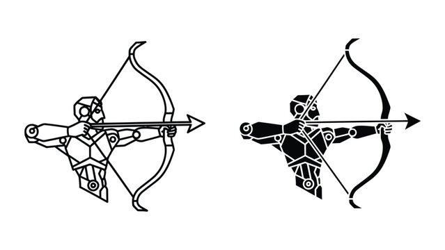 Mechanical knight archer and robot warrior with bow attacking