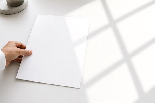 A hand holding a blank white paper document on a white desk with natural light casting shadows.
