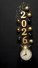 Fototapeta premium 2026 numbers with alarm clock and golden ornaments on black background