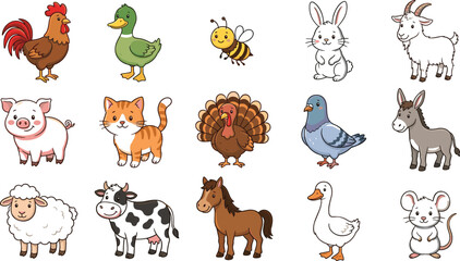 Obraz premium Large Collection of Cute Cartoon Farm Animals and Domestic Pets Including Cow Horse Pig Sheep Chicken And Rabbit For Children Education Design