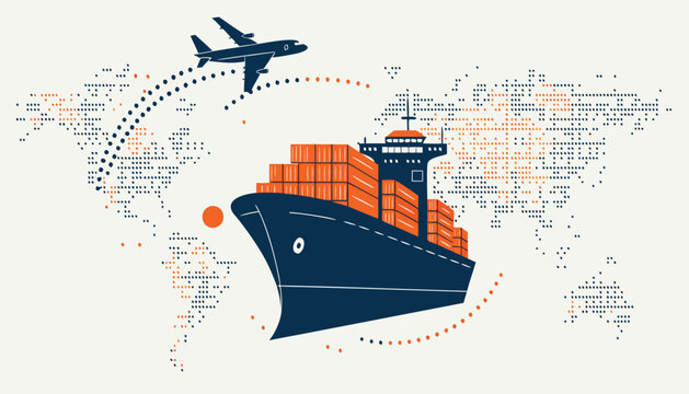A vector illustration of a cargo container ship and tanker vessel sailing on the blue sea water for nautical freight transport and global shipping business