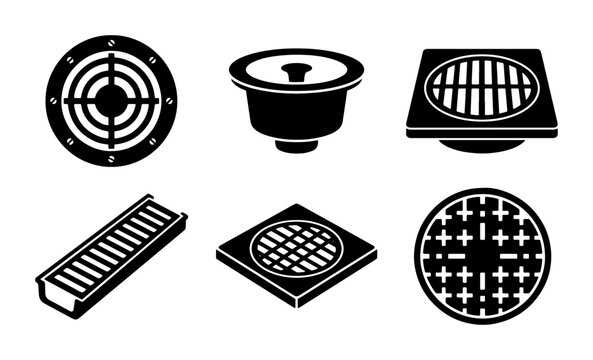 Drainage System Icons, Sewer Grate Vector Set, Manhole Cover Graphics, Water Management Symbols, Utility Infrastructure Elements