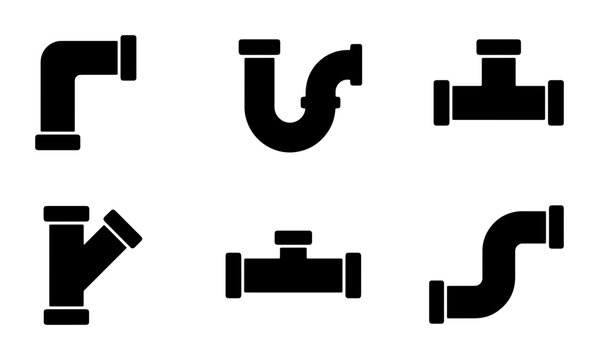 Plumbing Pipe Fittings Vector Icons Set: Elbow, P-Trap, Tee, Y-Junction, Straight Connector, S-Bend for Construction and Repair Graphics