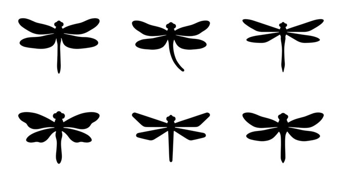 Set of Six Black Silhouette Dragonflies, Vector Icons Collection, Simple Insect Graphics for Nature Designs, Summer Wildlife Art