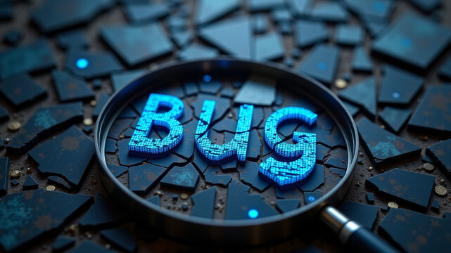 Magnified futuristic circuitry with glowing typography symbolizing software defects debugging processes and technological system analysis