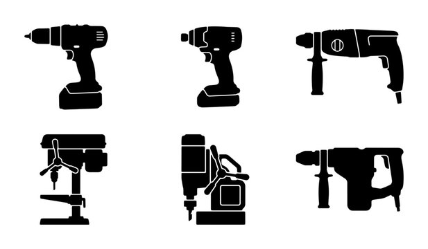 Set of Six Black Silhouette Power Tools: Drills, Hammer Drills, and Magnetic Drill Press, Vector Icons for Construction and DIY Projects