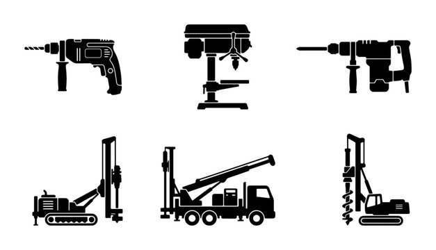 Drill Set Vector Icons: Rotary Hammer, Drill Press, Core Drill, Rig, Construction Equipment Collection