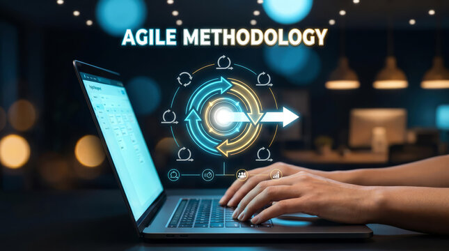 Agile methodology, software development, project management, Hands typing on a laptop with a glowing futuristic agile process flowchart hologram in a dark office.

