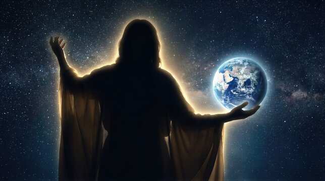 God holding earth against starry galaxy background. Silhouette of man representing creator in Book of Genesis. Religious concept of seventh day of creation and divine universe power.