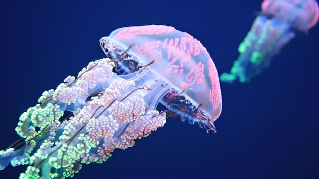 Translucent jellyfish glowing with pink and purple patterns, drifting gracefully through deep blue ocean water.