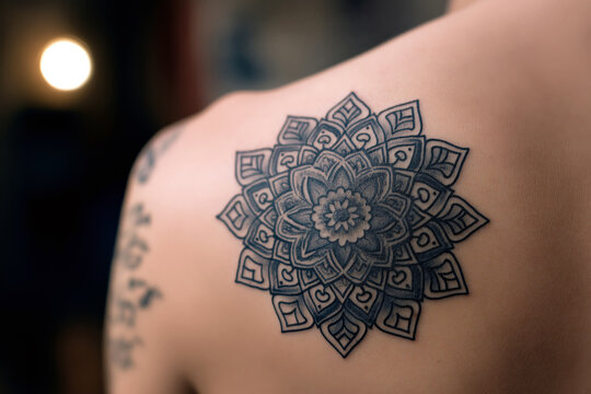 Close-up of a geometric mandala tattoo on a shoulder blade, precise linework, sacred geometry pattern, black ink on tanned skin