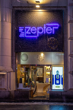 Zepter shop window with popular products inside in Belgrade city street during night